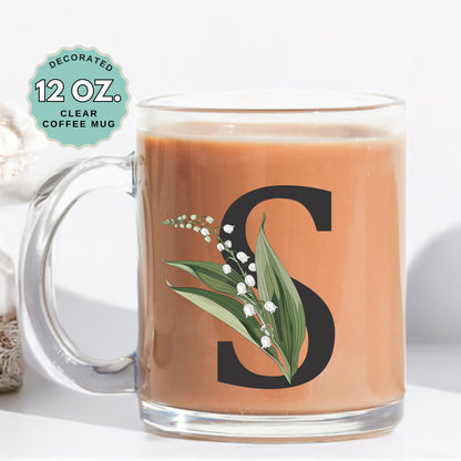 May Birthday Coffee Mug Birth Flower Lily of the Valley Custom Initial 12oz Clear Glass Cup Personalized Glass Mug for Birthday Gift for her