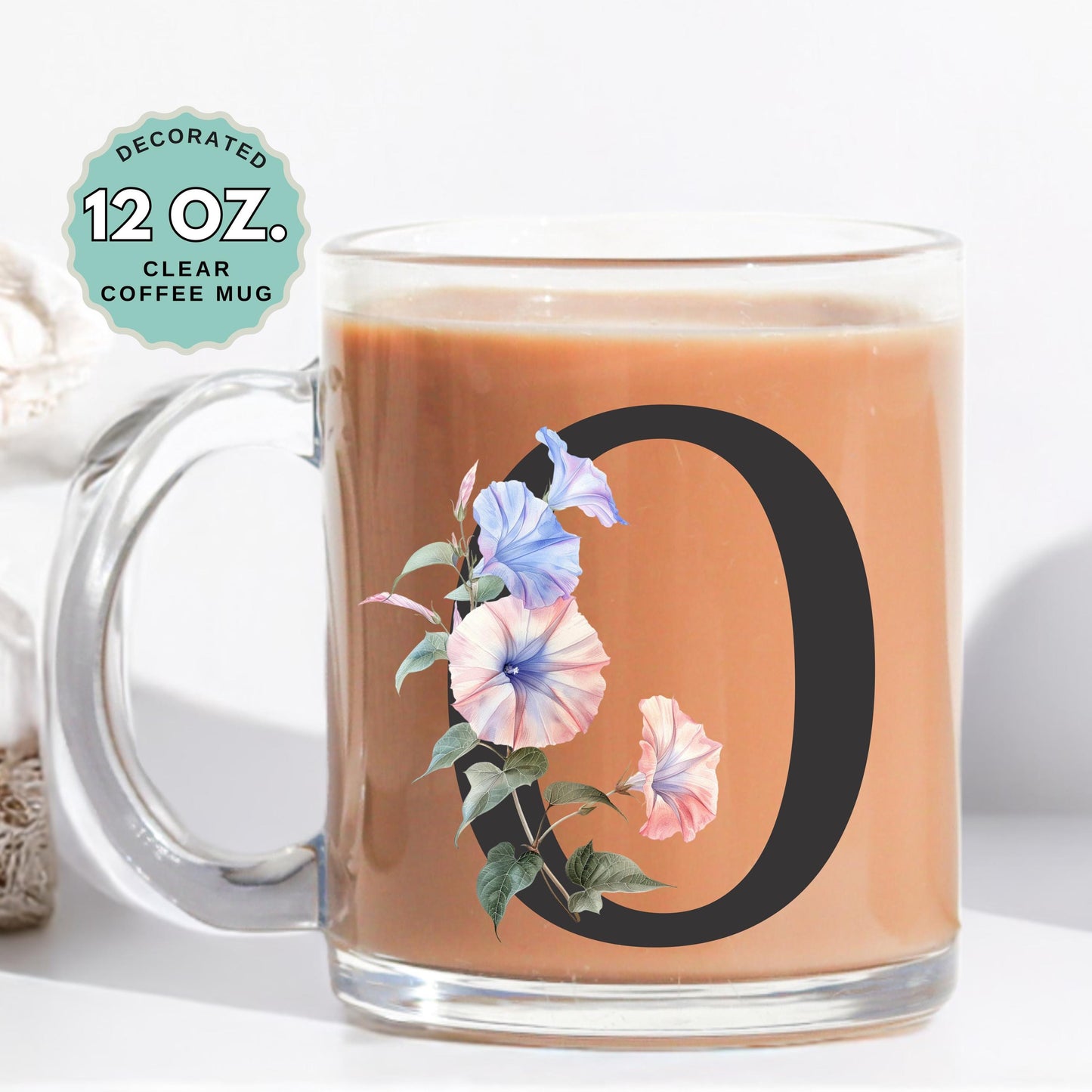 September Birthday Coffee Mug Birth Flower Morning Glory Custom Initial 12oz Clear Glass Cup Personalized Glass Mug Birthday Gift for Her
