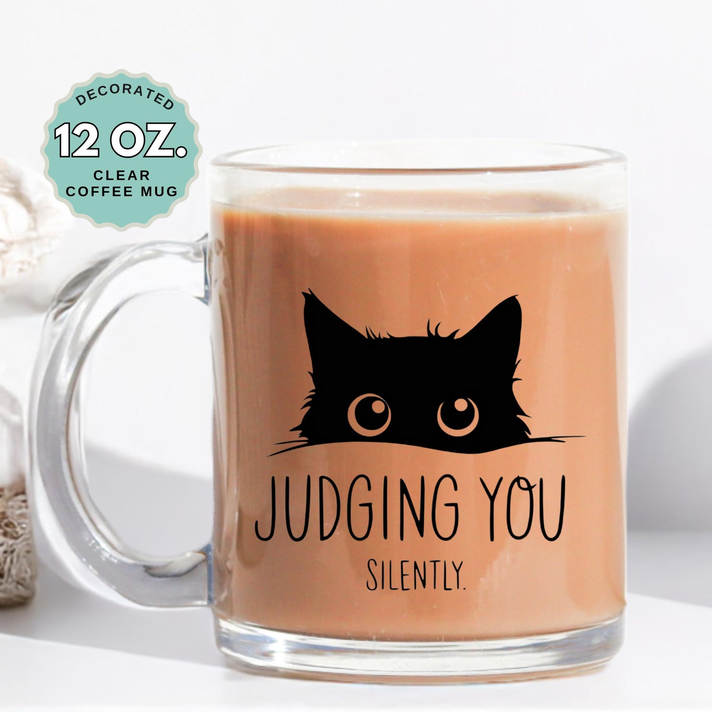 Judging You Silently Cat Lover Coffee Mug, 12oz Clear Glass Cup with Handle, Heat-Resistant, Pet Lover, Hot Chocolate, Gift for Cat Lovers