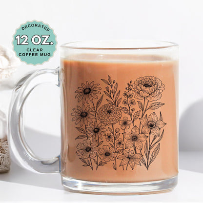 Goth Florals Coffee Mug, 12oz Clear Glass Cup with Handle, Garden Lover mug, Hot Chocolate, Gift for Floral Coffee Mug for Garden Lovers
