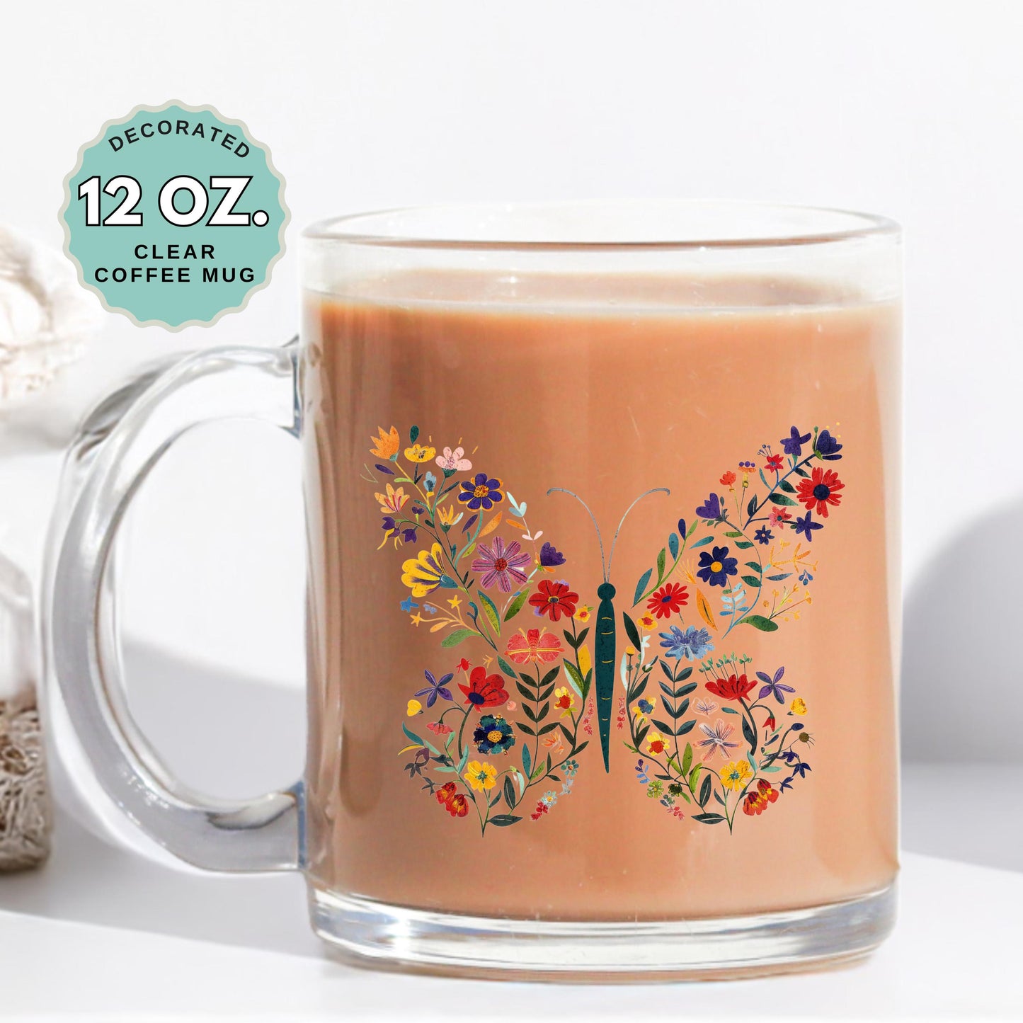 Butterfly florals Coffee Mug, 12oz Clear Glass Cup, Cute Gift for Coffee Tea Hot Chocolate, adorable gift for nature lover, Stylish Mug