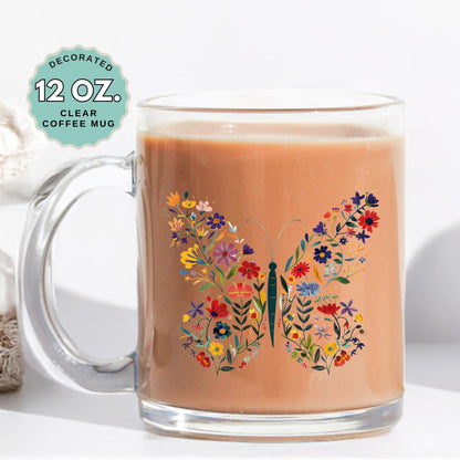Butterfly florals Coffee Mug, 12oz Clear Glass Cup, Cute Gift for Coffee Tea Hot Chocolate, adorable gift for nature lover, Stylish Mug