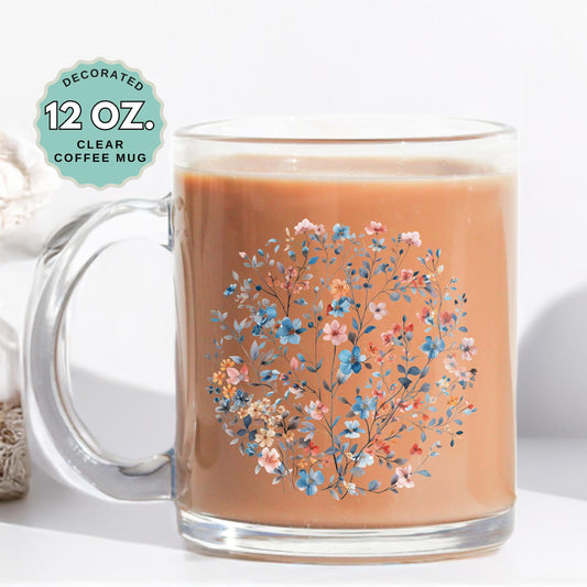 Blue Pink Florals Coffee Mug, 12oz Clear Glass Cup with Handle, Garden Lover mug, Hot Chocolate, Gift for Floral Coffee Mug Garden Lovers
