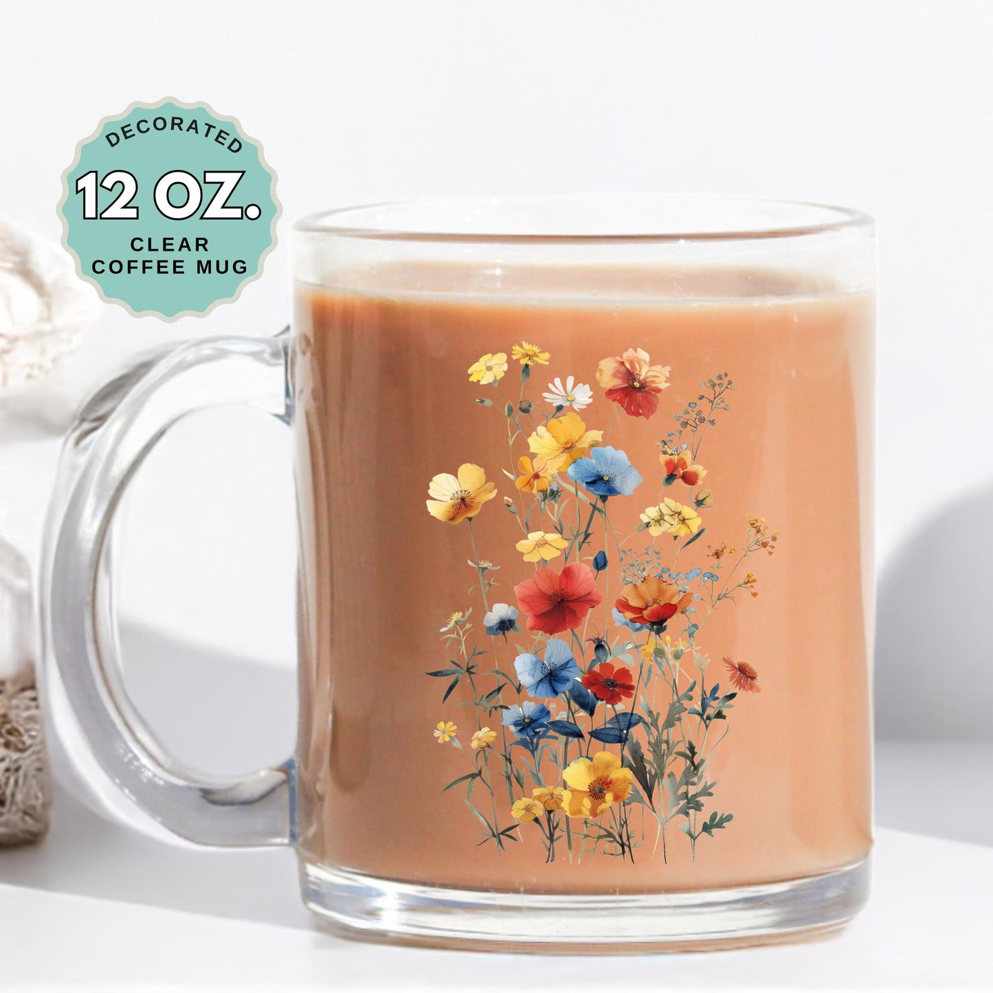 Retro Pressed Florals Coffee Mug 12oz Clear Glass Cup with Handle, Garden Lover mug, Hot Chocolate, Gift for Floral Coffee Mug Garden Lovers