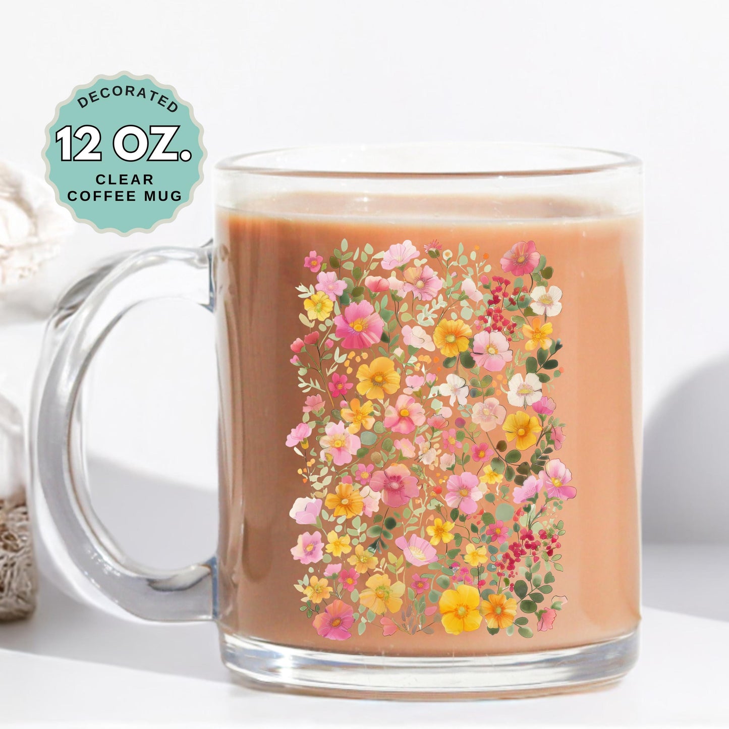 Pretty Pink Florals Coffee Mug, 12oz Clear Glass Cup with Handle, Garden Lover mug, Hot Chocolate, Gift Floral Coffee Mug for Plant Lovers