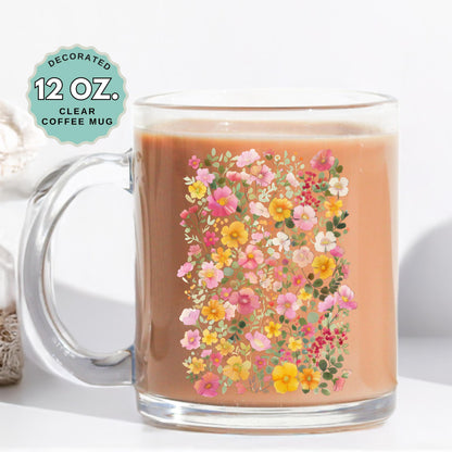 Pretty Pink Florals Coffee Mug, 12oz Clear Glass Cup with Handle, Garden Lover mug, Hot Chocolate, Gift Floral Coffee Mug for Plant Lovers
