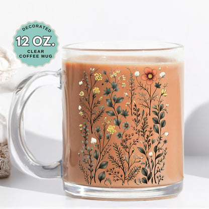 Witchy Florals Coffee Mug, 12oz Clear Glass Cup with Handle, Garden Lover mug, Hot Chocolate, Gift Floral Coffee Mug for Plant Lovers