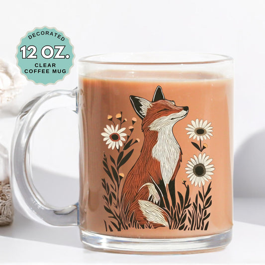 Fox Floral Coffee Mug 12oz Clear Glass Cup Cute Woodland Animal Mug Floral Fox Cup Cottagecore Aesthetic Gift for Animal Lovers