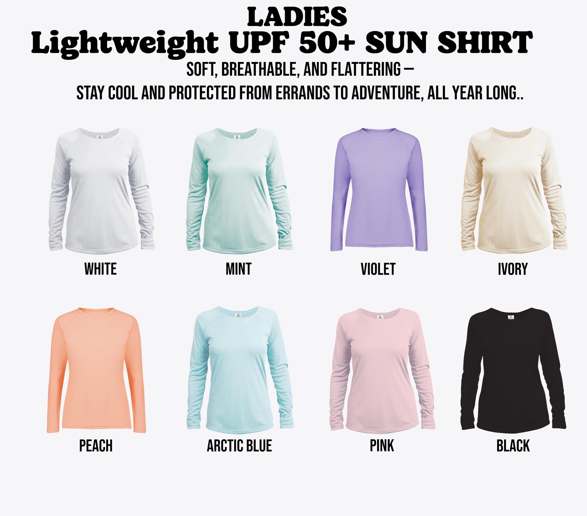 a collection of eight different long-sleeved shirts in various colors, including white, mint, violet, ivory, peach, Arctic blue, pink, and black.