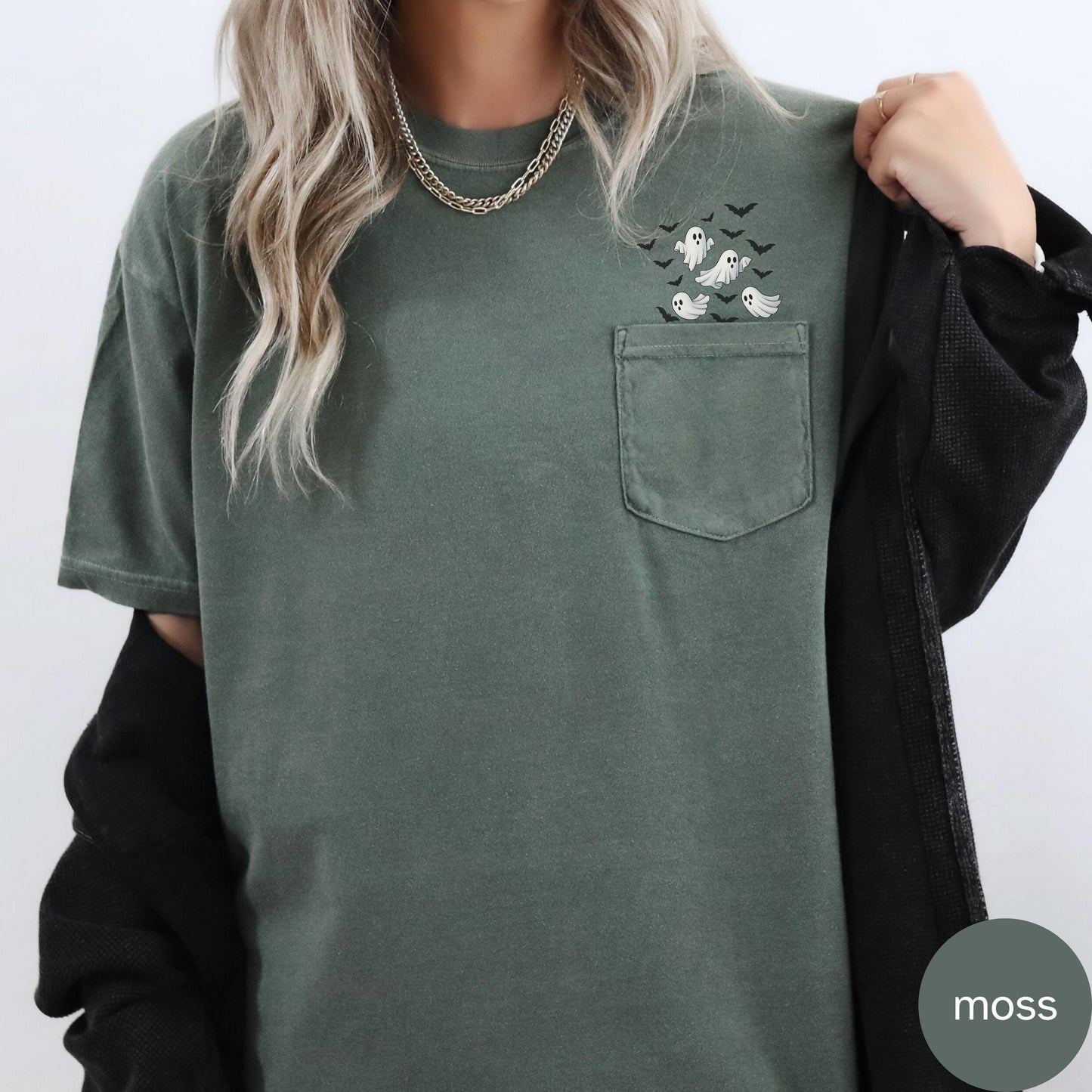 Cute Ghosts Pocket Tee Halloween, Flying Ghosts and Bats Halloween Shirt, Comfort Colors Pocket Tee, Trick or Treat Fall Top, Pumpkin Patch