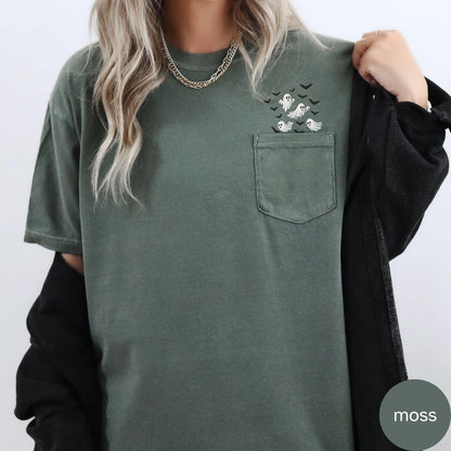 Cute Ghosts Pocket Tee Halloween, Flying Ghosts and Bats Halloween Shirt, Comfort Colors Pocket Tee, Trick or Treat Fall Top, Pumpkin Patch