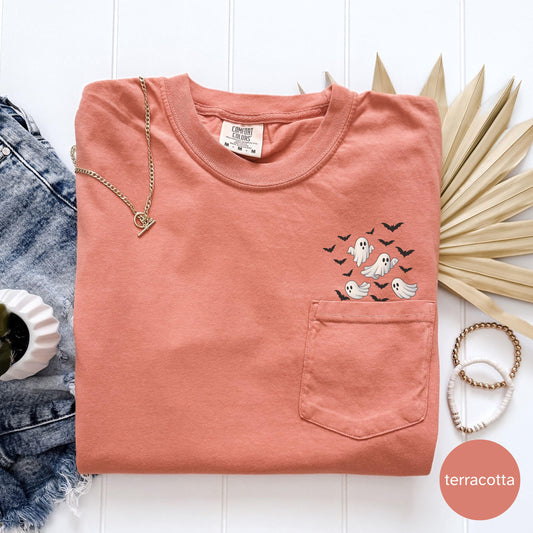 Cute Ghosts Pocket Tee Halloween, Flying Ghosts and Bats Halloween Shirt, Comfort Colors Pocket Tee, Trick or Treat Fall Top, Pumpkin Patch