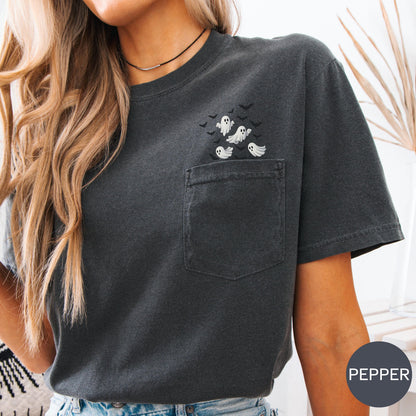 Cute Ghosts Pocket Tee Halloween, Flying Ghosts and Bats Halloween Shirt, Comfort Colors Pocket Tee, Trick or Treat Fall Top, Pumpkin Patch