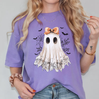Halloween Ghost T Shirt, Cute Bow Ghost Graphic Tee, Comfort Colors Halloween Top, Spooky Season Shirt, Lace Ghost Fall Graphic Tee