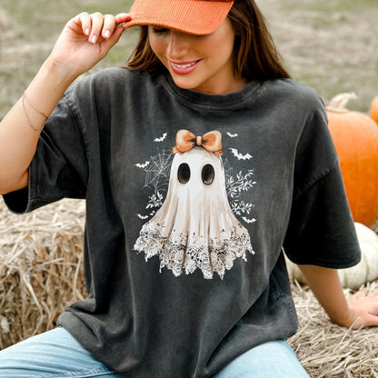 Halloween Ghost T Shirt, Cute Bow Ghost Graphic Tee, Comfort Colors Halloween Top, Spooky Season Shirt, Lace Ghost Fall Graphic Tee