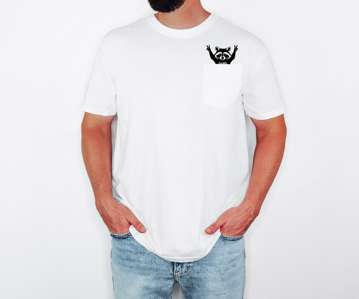 Raccoon Pocket T-Shirt, Comfort Colors Cotton Tee, Whimsical Animal Graphic