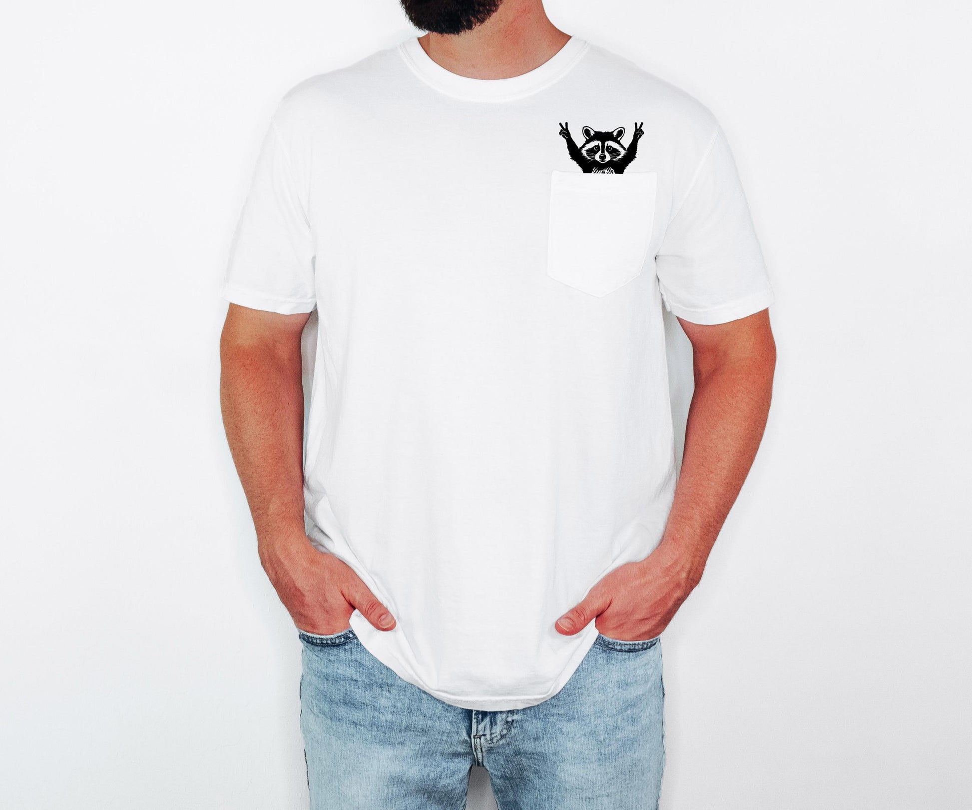 Raccoon Pocket T-Shirt, Comfort Colors Cotton Tee, Whimsical Animal Graphic
