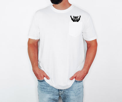 Raccoon Pocket T-Shirt, Comfort Colors Cotton Tee, Whimsical Animal Graphic