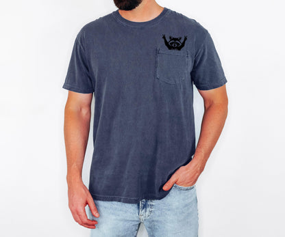 Raccoon Pocket T-Shirt, Comfort Colors Cotton Tee, Whimsical Animal Graphic