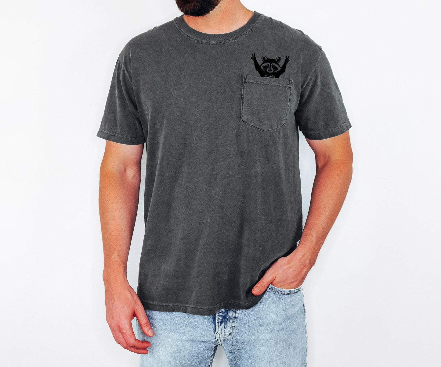 Raccoon Pocket T-Shirt, Comfort Colors Cotton Tee, Whimsical Animal Graphic