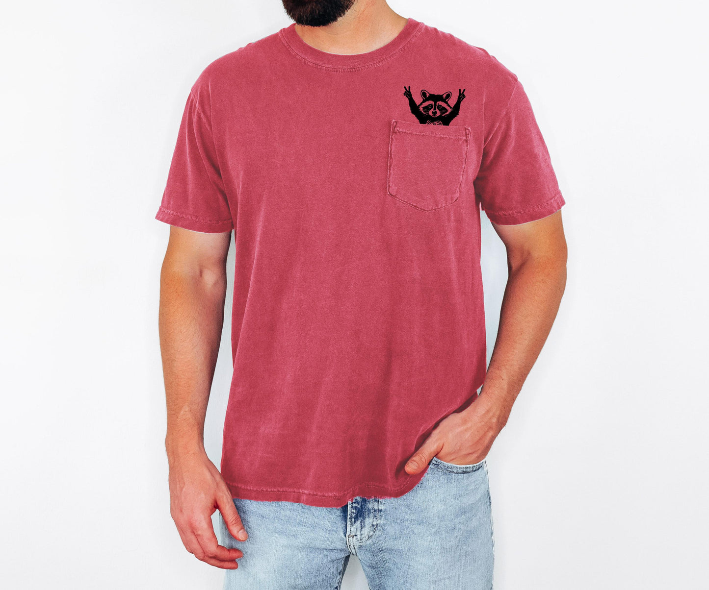 Raccoon Pocket T-Shirt, Comfort Colors Cotton Tee, Whimsical Animal Graphic