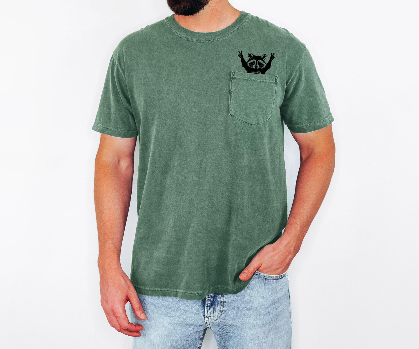 Raccoon Pocket T-Shirt, Comfort Colors Cotton Tee, Whimsical Animal Graphic