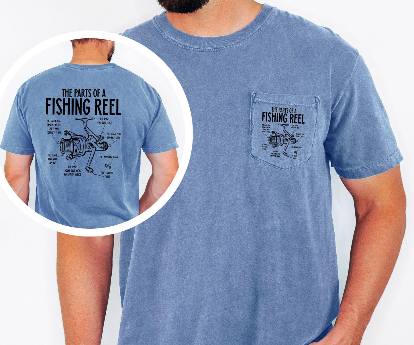 parts of a fishing reel comfort colors pocket tee funny fishing shirt lake day top boat trip tee cabin life outdoor adventure gift for dad