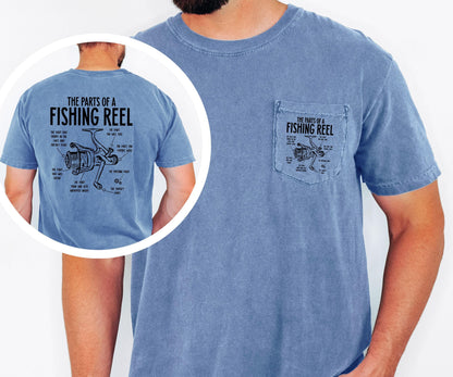 parts of a fishing reel comfort colors pocket tee funny fishing shirt lake day top boat trip tee cabin life outdoor adventure gift for dad