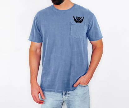 Raccoon Pocket T-Shirt, Comfort Colors Cotton Tee, Whimsical Animal Graphic