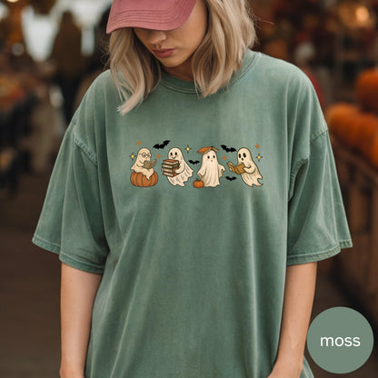 Bookish Ghosts Halloween Shirt Reading Ghost Tee Cozy Fall Sweatshirt Hoodie Spooky Book Lover Top Cute Ghost Shirt for Readers