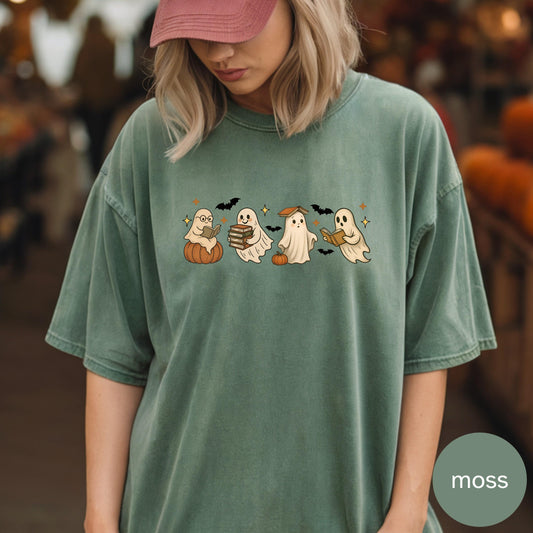 Bookish Ghosts Halloween Shirt Reading Ghost Tee Cozy Fall Sweatshirt Hoodie Spooky Book Lover Top Cute Ghost Shirt for Readers