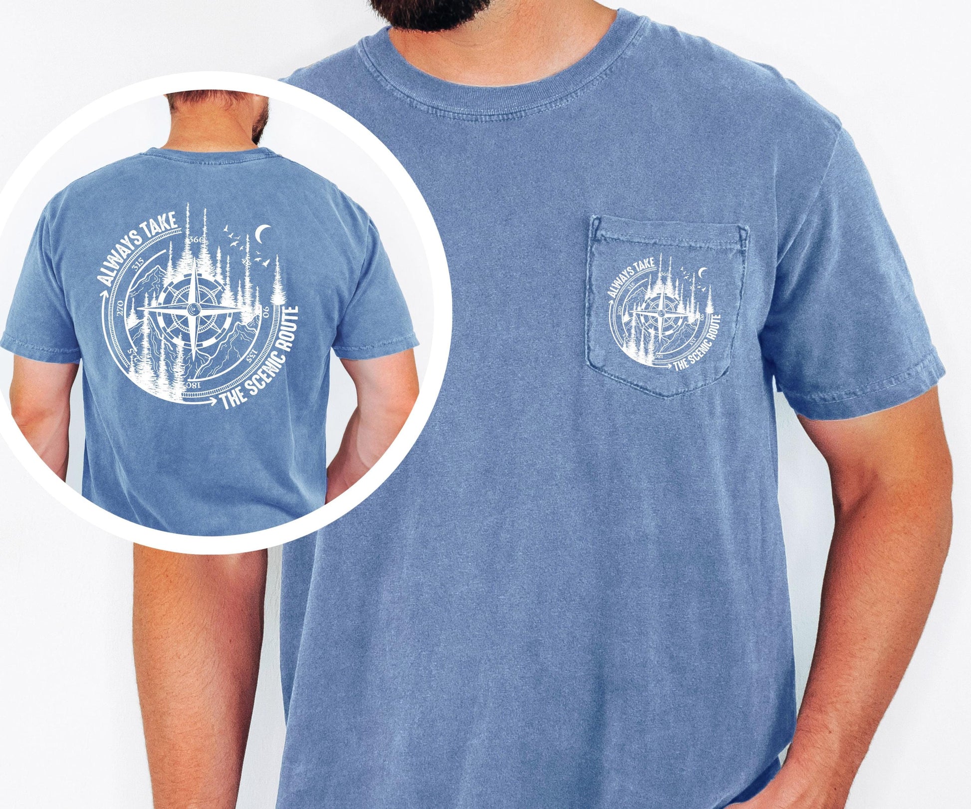 always take the scenic route pocket tee comfort colors compass mountain hiking shirt outdoor adventure top camping trail explorer tee