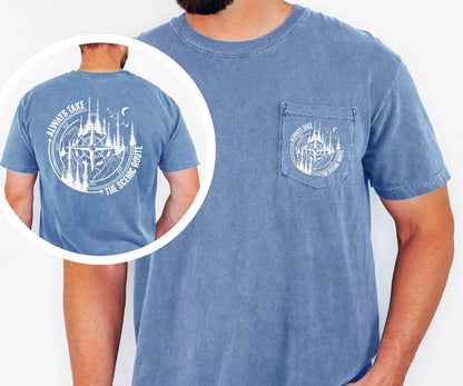 always take the scenic route pocket tee comfort colors compass mountain hiking shirt outdoor adventure top camping trail explorer tee