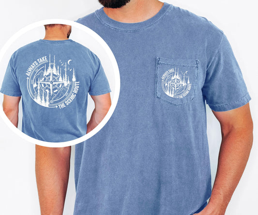 always take the scenic route pocket tee comfort colors compass mountain hiking shirt outdoor adventure top camping trail explorer tee