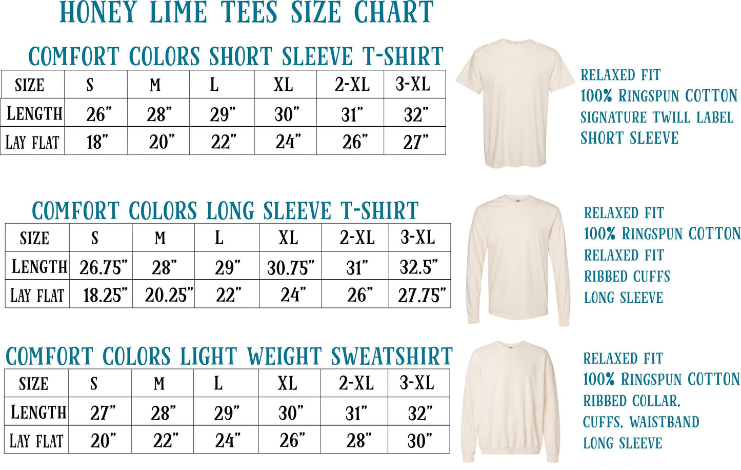 a chart with three different types of t-shirts, each with a corresponding size chart. The chart provides information about the size and comfort features of the t-shirts, including the length, comfort colors, and relaxed fit.