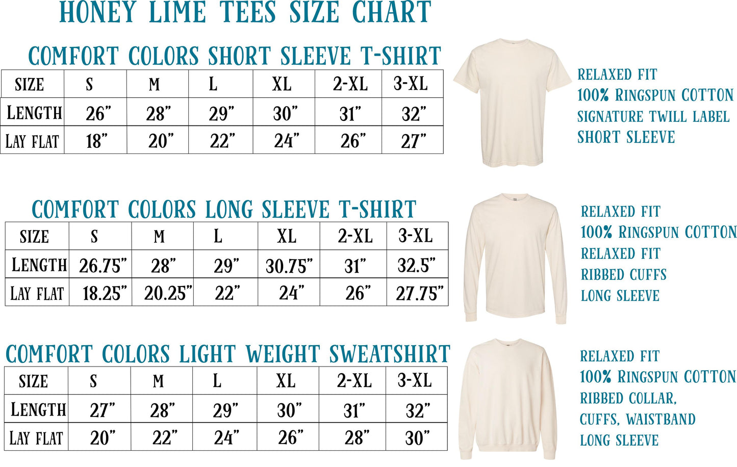 a chart with three different types of t-shirts, each with a corresponding size chart. The chart provides information about the size and comfort features of the t-shirts, including the length, comfort colors, and relaxed fit.