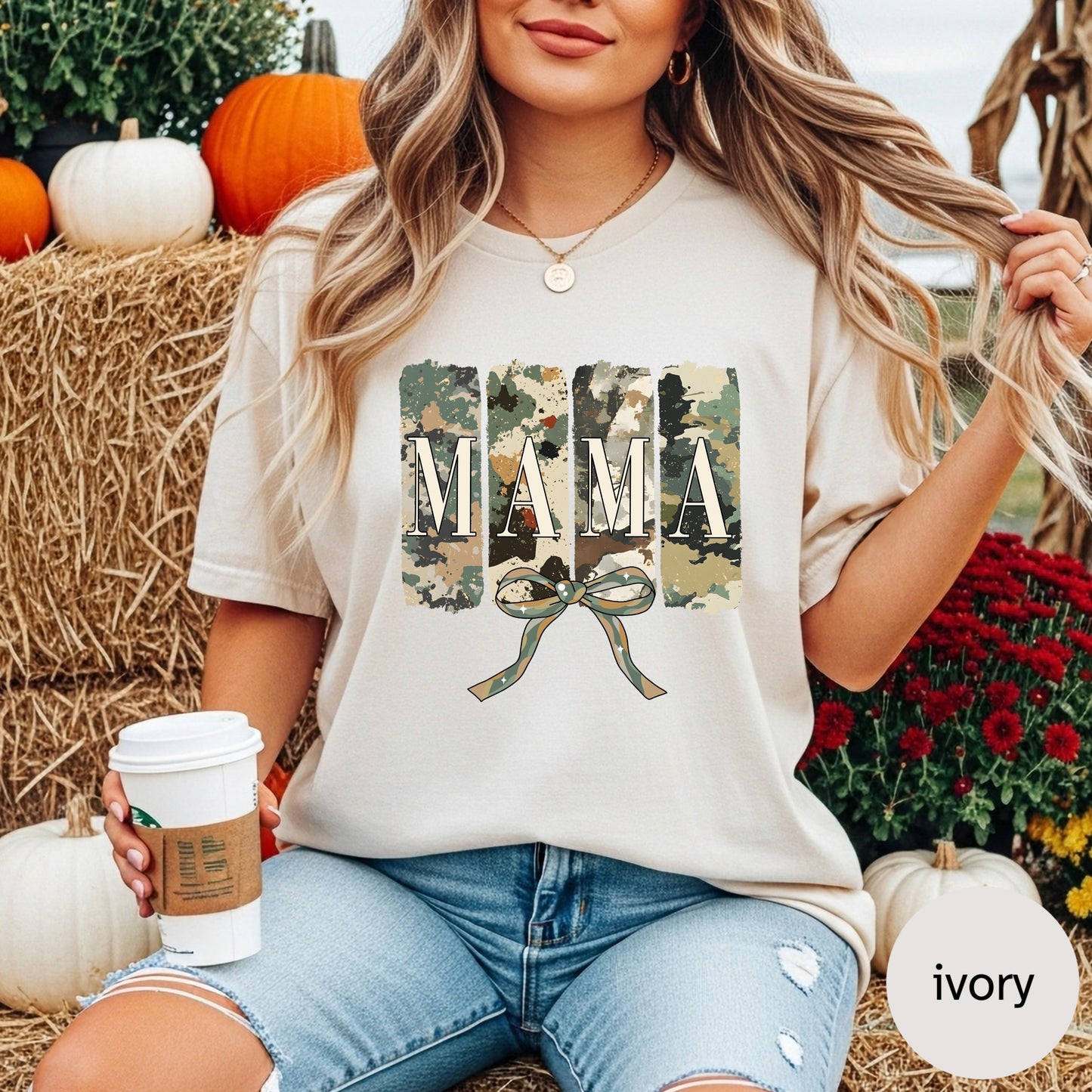 Mama Camo Bow Shirt, Ivory Cozy Tee (Relaxed Fit, Vintage Wash)