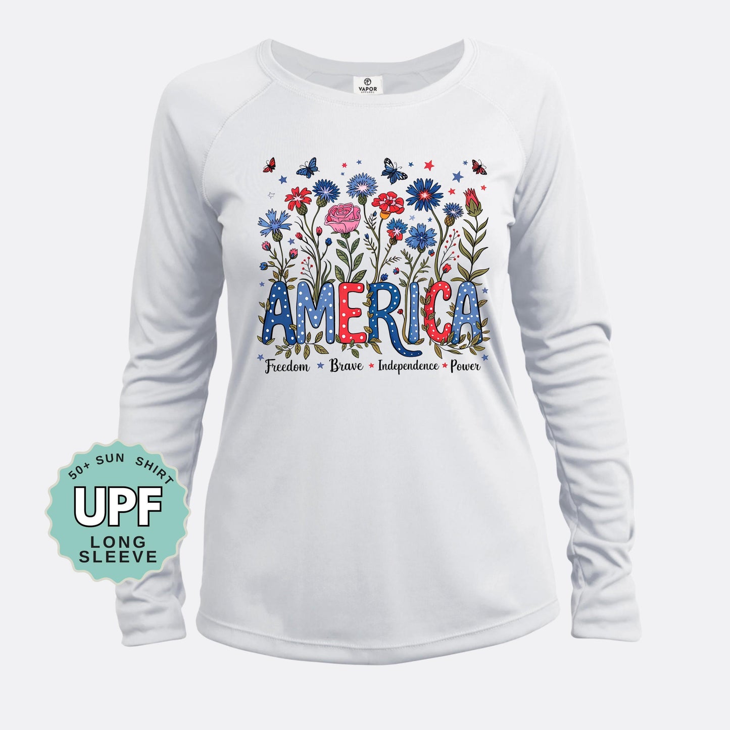 Floral USA Sun Shirt UPF 50: American Flag Flower Long Sleeve Tee