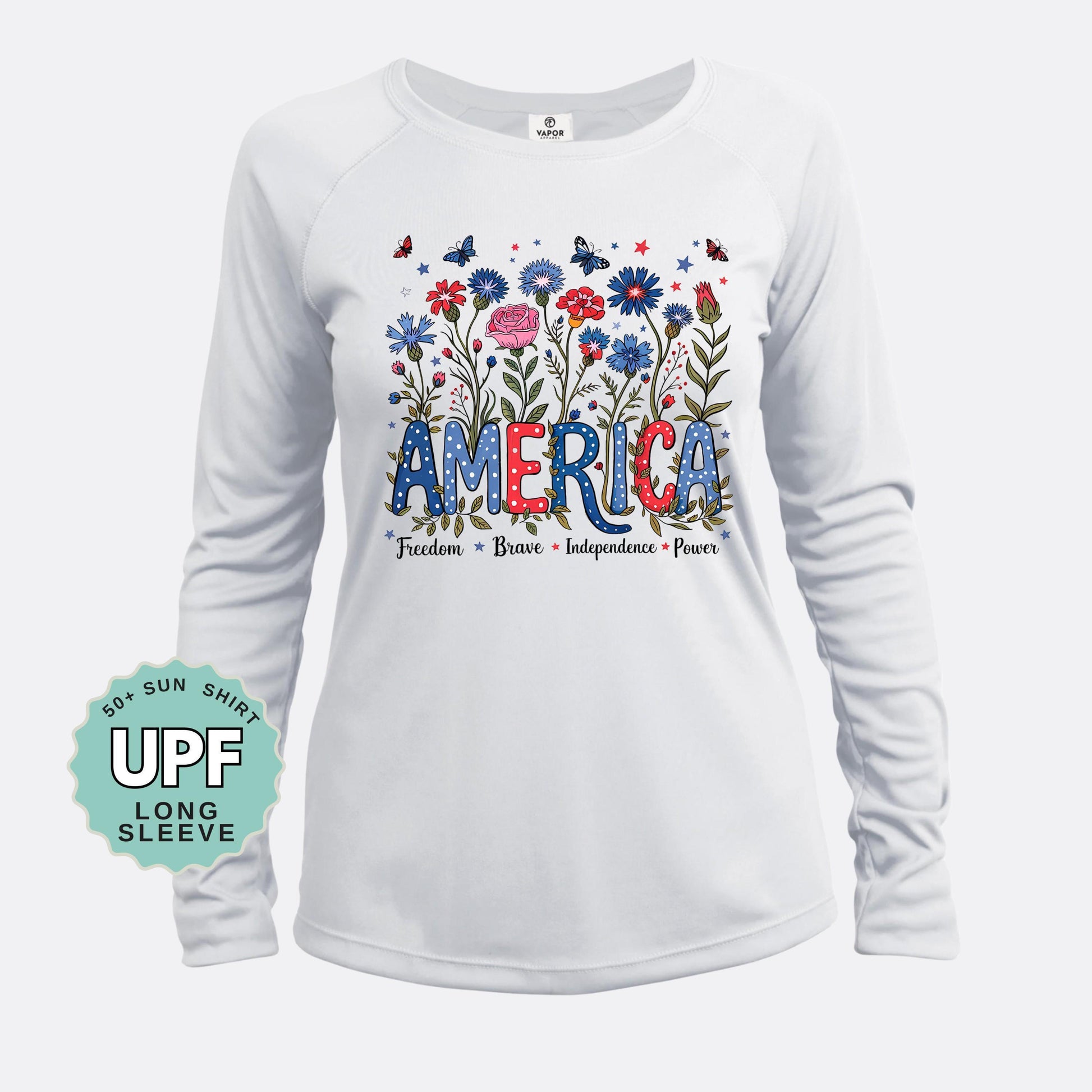 Floral USA Sun Shirt UPF 50: American Flag Flower Long Sleeve Tee