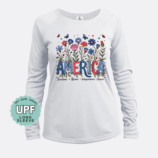 Floral USA Sun Shirt UPF 50: American Flag Flower Long Sleeve Tee