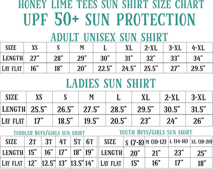 a chart that provides size charts for adult unisex sun shirts and ladies sun shirts, along with their corresponding sun protection factor (SPF) values.