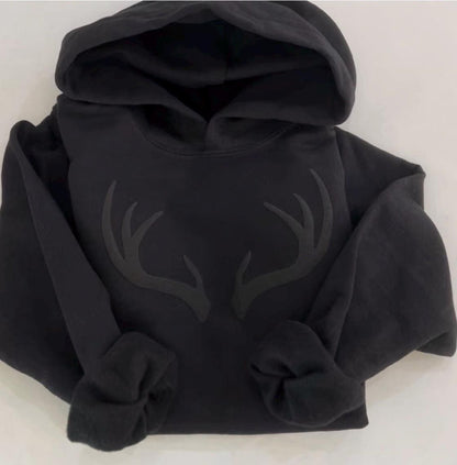 Black Puff Print Antler Shirt, 3D Raised Antler Sweatshirt, Cool Weather Hunting Hoodie, Black on Black Hunting Top, Outdoor Apparel