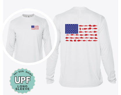Patriotic Fishing Shirt UPF 50 Sun Shirt American Flag Performance Crew or Hoodie