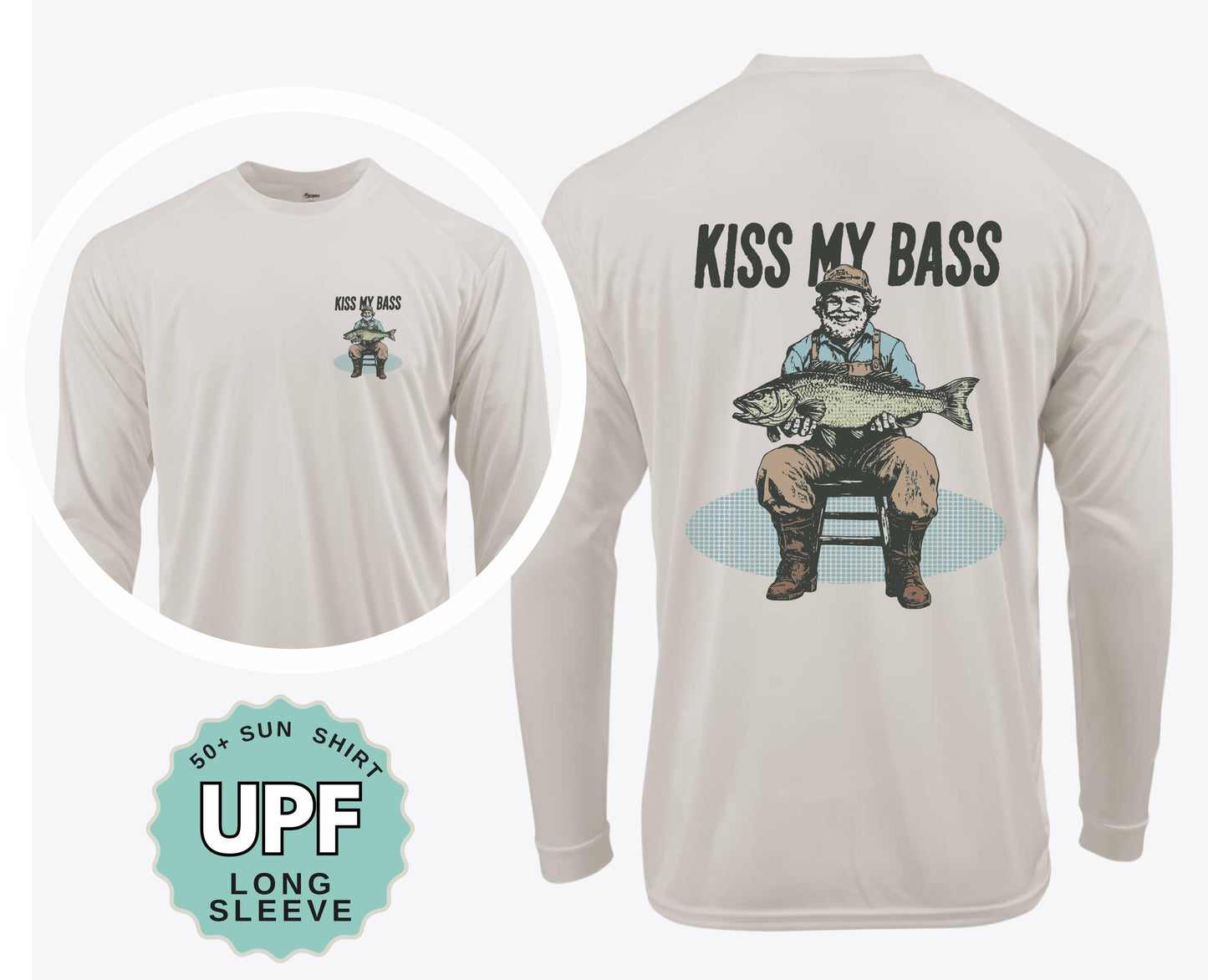 Funny Fishing Shirt Kiss My Bass UPF 50 Sun Shirt Performance Crew or Hoodie