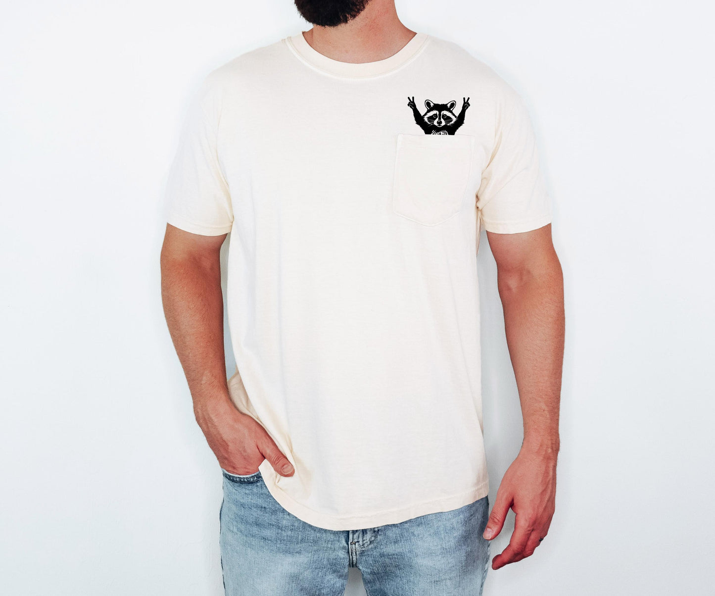 Raccoon Pocket T-Shirt, Comfort Colors Cotton Tee, Whimsical Animal Graphic