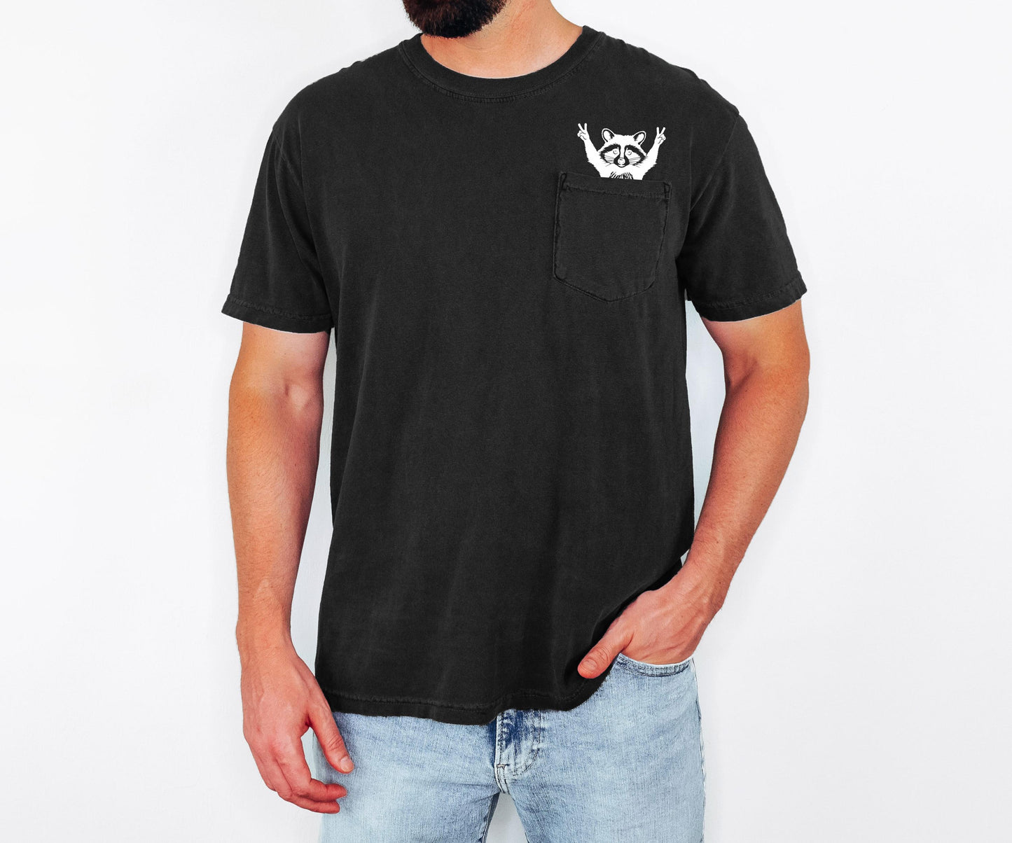 Raccoon Pocket T-Shirt, Comfort Colors Cotton Tee, Whimsical Animal Graphic