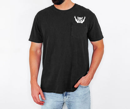 Raccoon Pocket T-Shirt, Comfort Colors Cotton Tee, Whimsical Animal Graphic