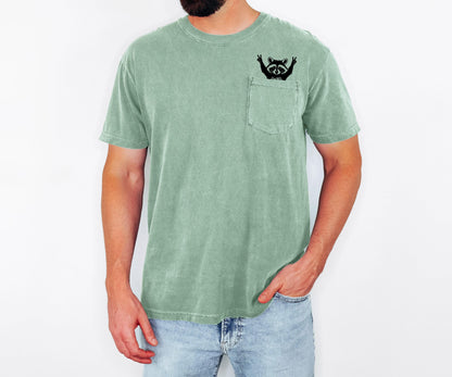 Raccoon Pocket T-Shirt, Comfort Colors Cotton Tee, Whimsical Animal Graphic