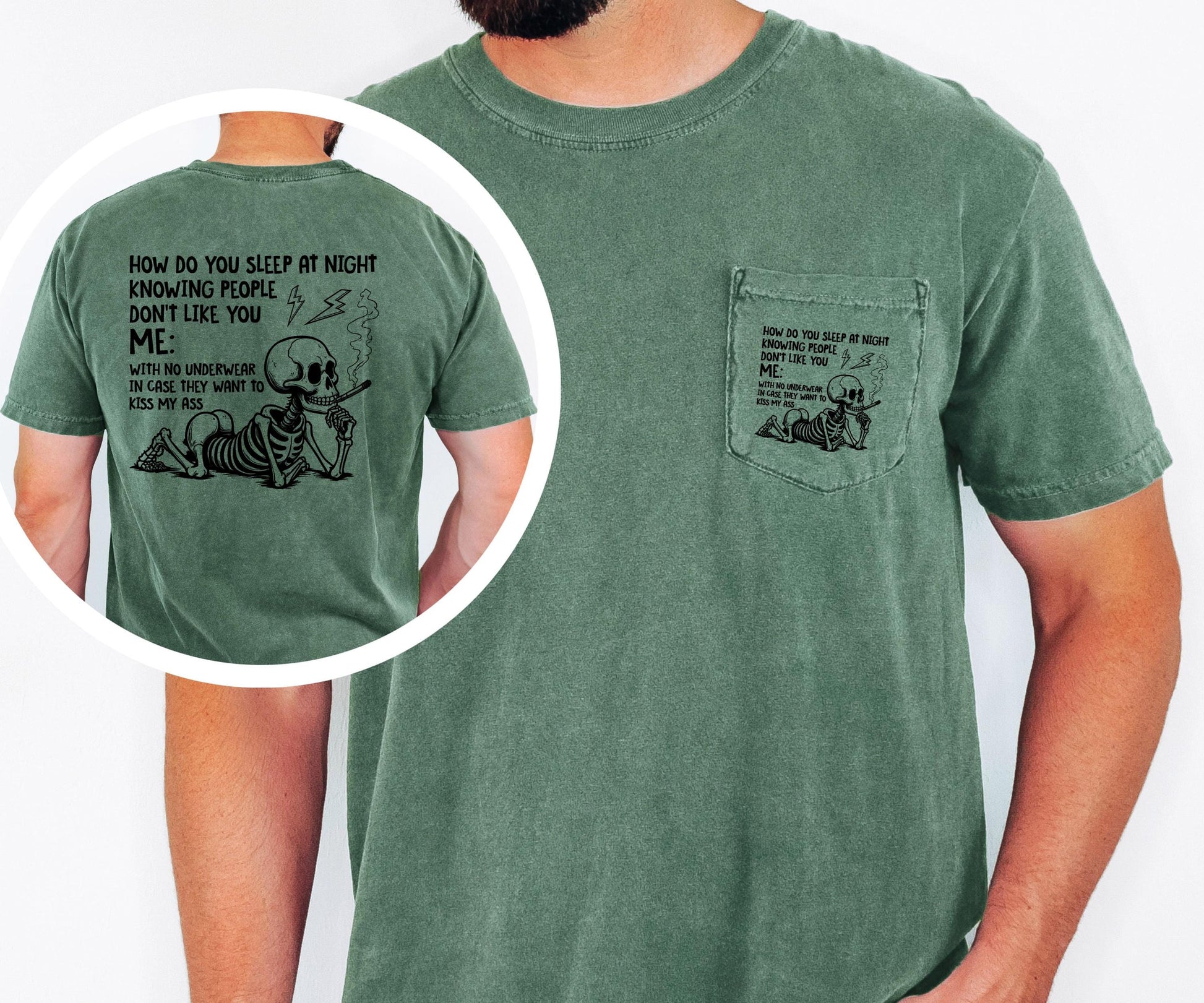 How do you sleep at night, sarcastic skeleton pocket t-shirt humor