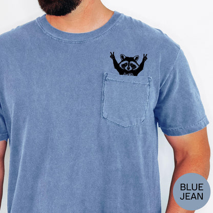 Raccoon Pocket T-Shirt, Comfort Colors Cotton Tee, Whimsical Animal Graphic